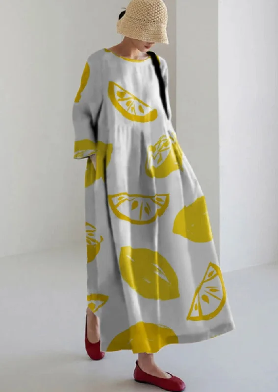 trendy long dresses & jumpsuits Lemon Print Cotton Dresses Pockets Patchwork Summer