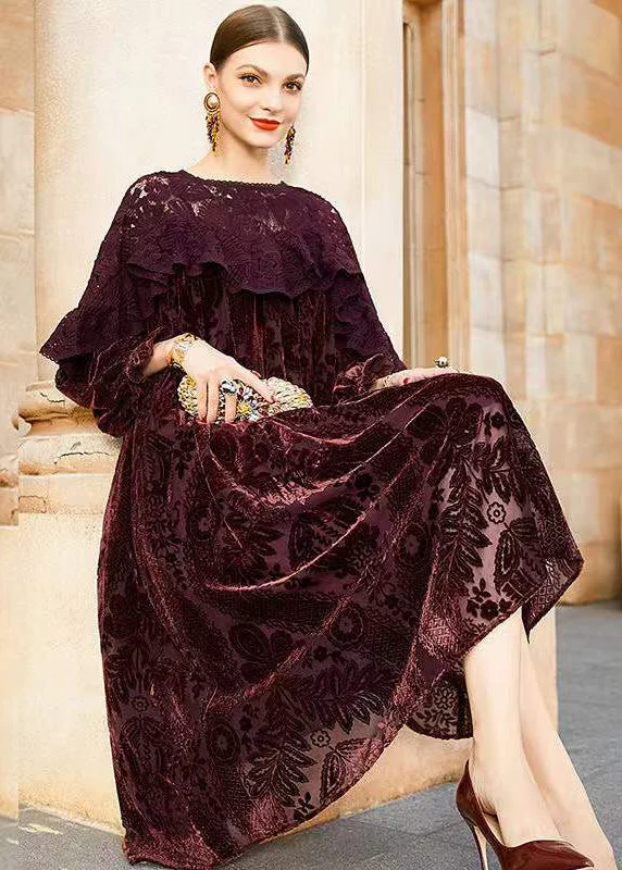 evening dresses & jumpsuits for special occasions Classy Dull Red Lace Jacquard Patchwork Silk Velour Dresses Fall