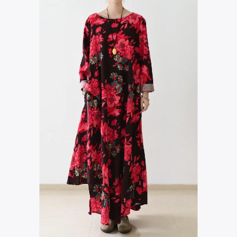 long sleeve jumpsuits & dresses Floral oversized linen maxi dress fall cotton dresses