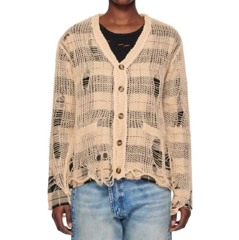 Layered wool sweaters Overlay Distressed Relaxed Cardigan In Cream Ecru