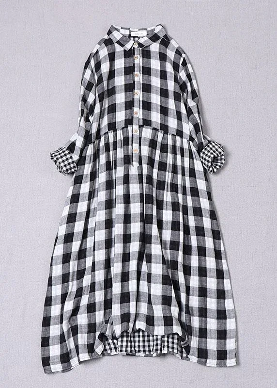 trendy cocktail dresses & jumpsuits for work Bohemian Black White Plaid PeterPan Collar Pockets Button Fall Patchwork Dresses