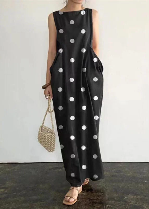 summer party jumpsuits & dresses Elegant Black Dot Print Pockets Long Dresses Sleeveless