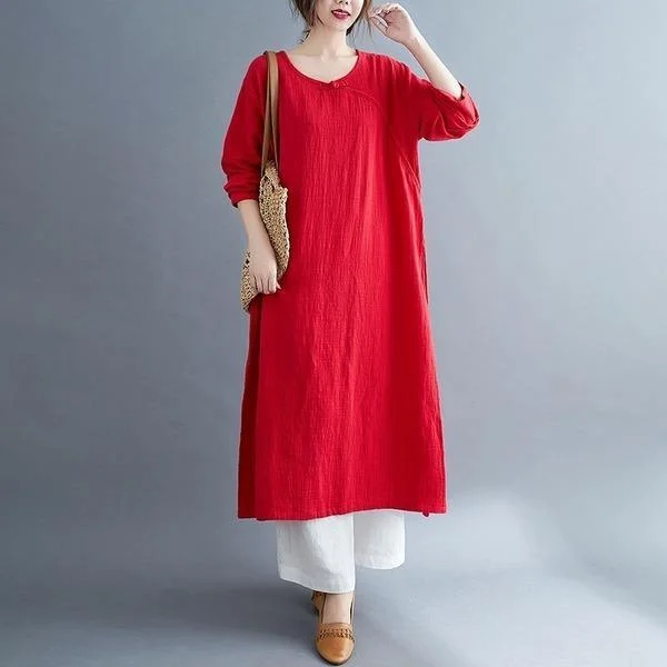 fashionable jumpsuits & dresses for dinner omychic plus size cotton linen vintage for women casual Split loose spring autumn dress