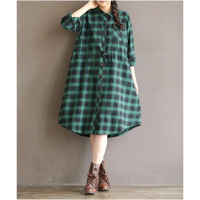 elegant velvet dresses & jumpsuits Retro green plaid cotton shirt dress plus size cotton dresses long sleeve