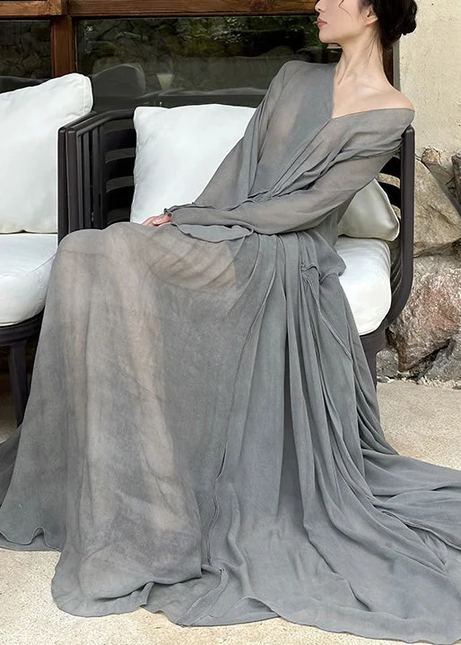 ruffle dresses & jumpsuits for summer Art Grey V Neck Wrinkled Cotton Maxi Dresses Long Sleeve