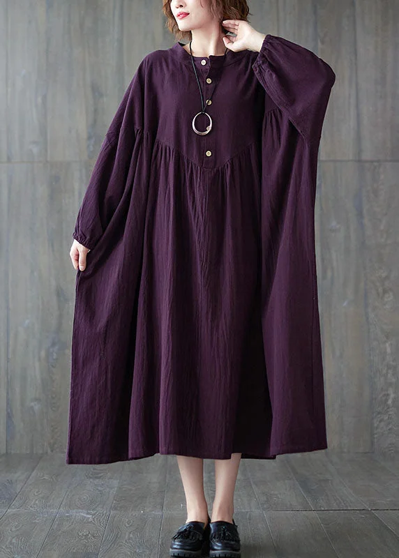 bridal jumpsuits & dresses Purple Wrinkled Cotton Casual Dresses Long Sleeve