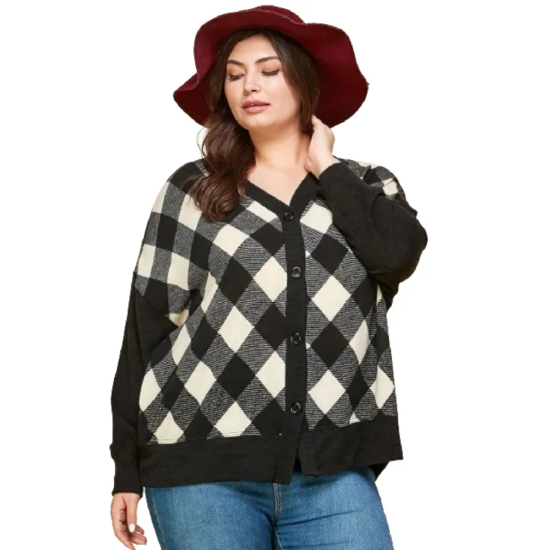 Warm wool sweaters Plus Size Buffalo Plaid Knit Button Up Oversize Cardigan