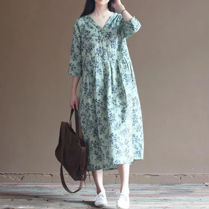 affordable maxi dresses & jumpsuits Green V neck floral cotton dresses elegant bracelet sleeve maxi dress