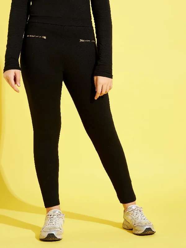 Versatile leggings for women Girls Black Pocket Zipper Jeggings