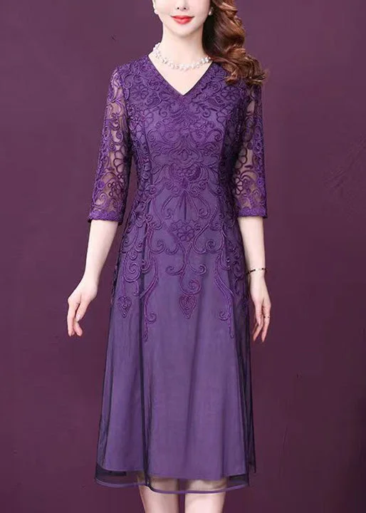 plus size summer dresses & jumpsuits Elegant Purple V Neck Lace Patchwork Tulle Dresses Half Sleeve