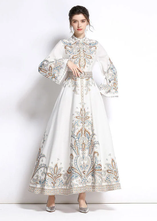 summer cocktail dresses & jumpsuits Elegant White Embroidered Patchwork Cotton Extra Large Hem Long Dresses Flare Sleeve