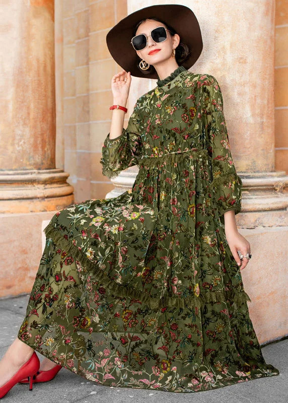 glamorous evening dresses & jumpsuits Style Green Ruffled Jacquard Patchwork Silk Velour Dresses Fall