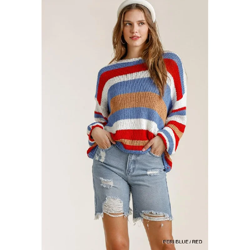 Winter-ready chunky cardigans Multicolored Stripe Round Neck Long Sleeve Knit Sweater