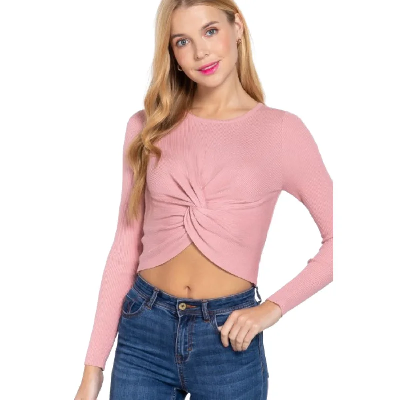 Layered knitwear Crew Neck Knotted Crop Sweater