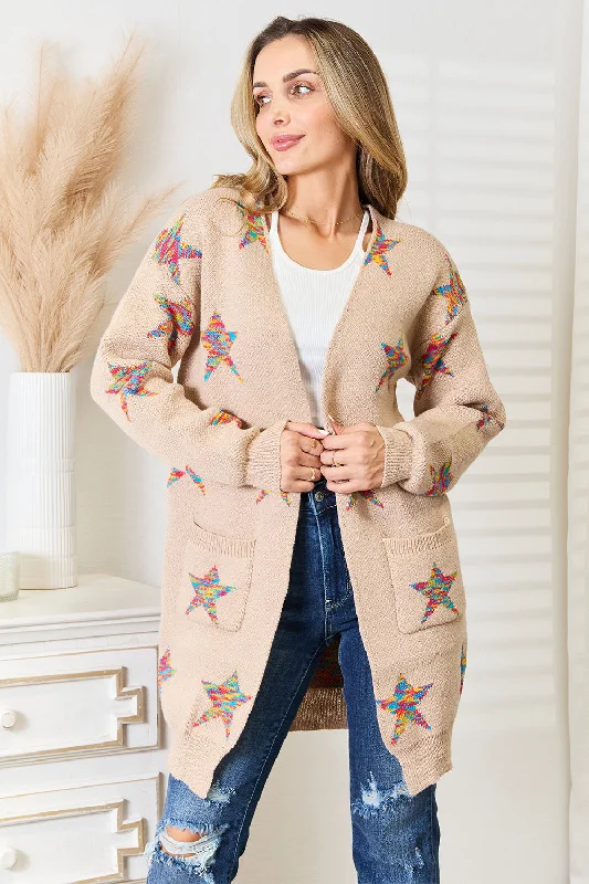 Casual warm sweaters Star Pattern Open Front Longline Cardigan