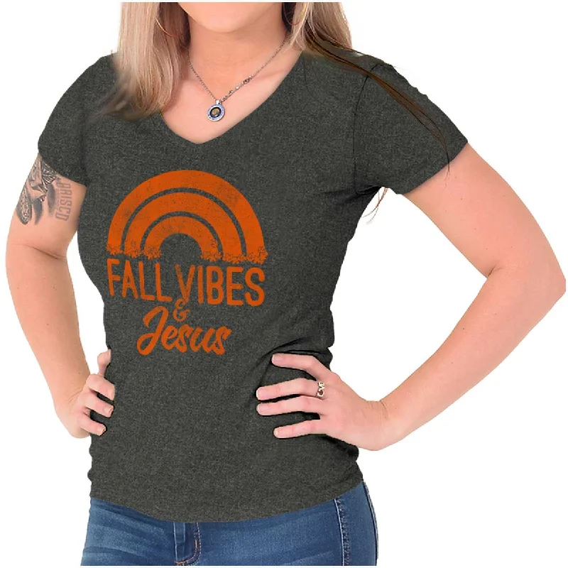 Women’s motivational graphic T-Shirts Fall Vibes & Jesus Junior Fit V-Neck T Shirt