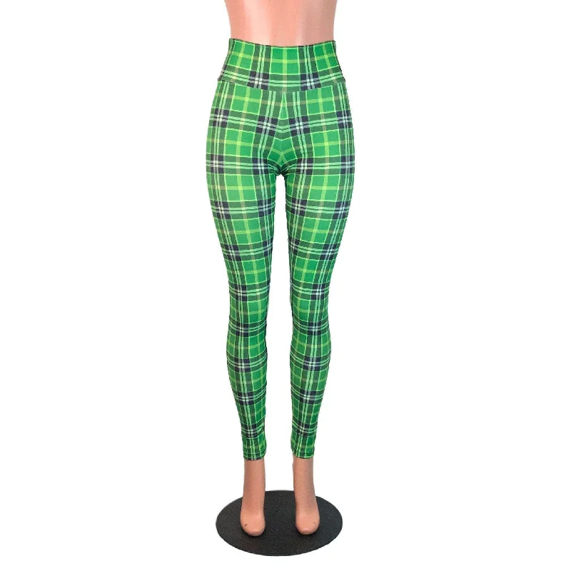 Leggings for Pilates Green Plaid High Waist Leggings Pants