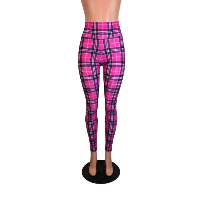 Fitness leggings for women Pink Plaid High Waist Leggings Pants