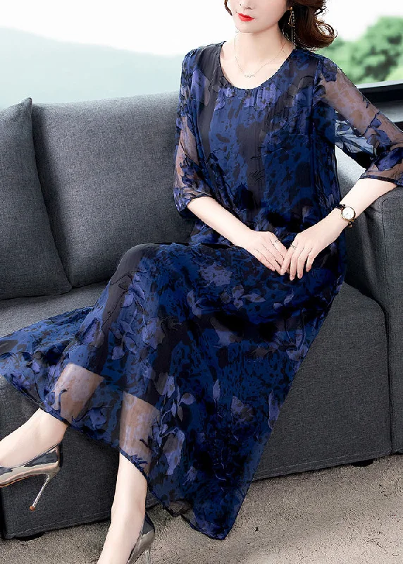 cute printed dresses & jumpsuits Chic Blue O-Neck Print Long Dresses Half Sleeve