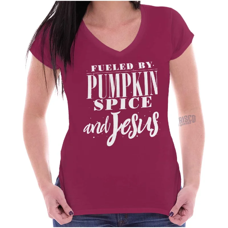 Women’s fun stylish T-shirts Fueled by PSLs and Jesus Junior Fit V-Neck T Shirt