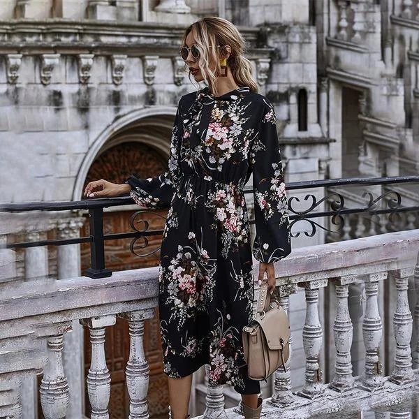 casual maxi jumpsuits & dresses Puff Sleeve Spring Winter Floral Dress Women Casual Bow Stand Collar High Wasit Long Sleeve Dress