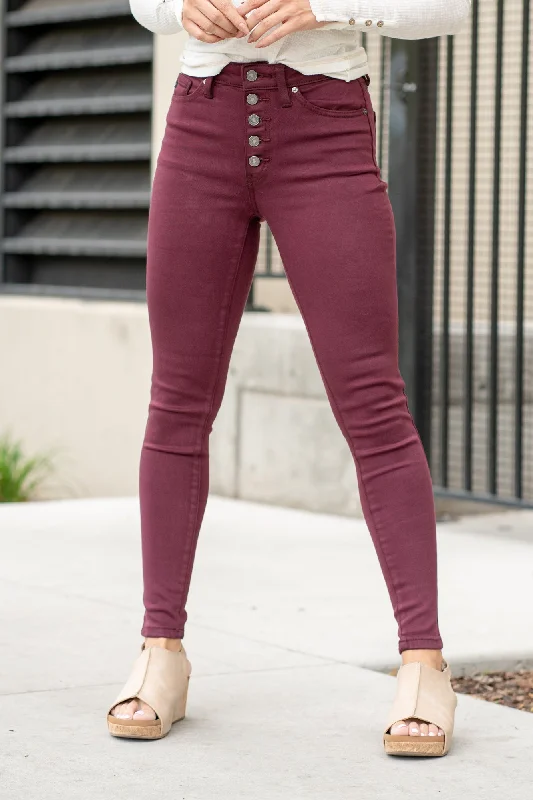 trendy mom jeans women Burgundy High Rise Button Fly Super Skinny