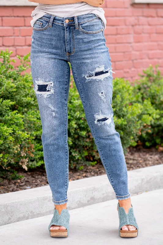 skinny fit ankle jeans women Denim Patch Mid Rise Relaxed Fit