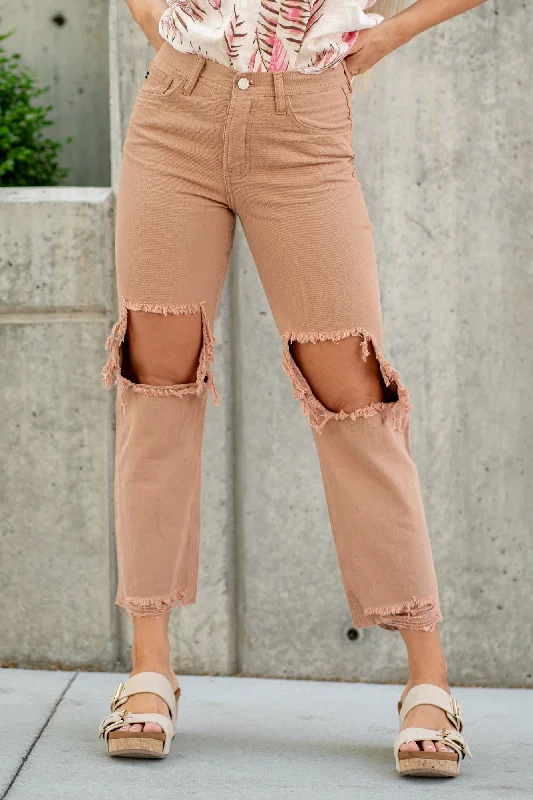 tailored bootcut jeans women Beige High Rise Distressed Straight Leg