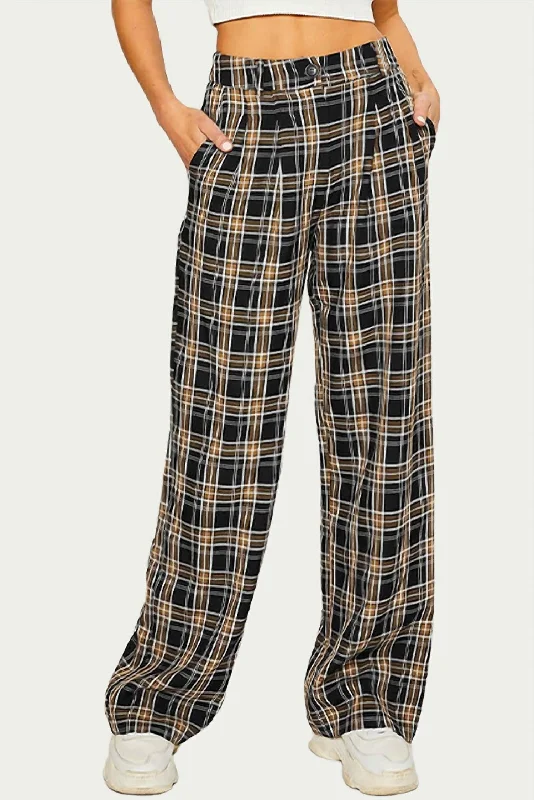 trendy pants for curvy business women Checked Cotton-Blend Twill Wide-Leg Pant In Black