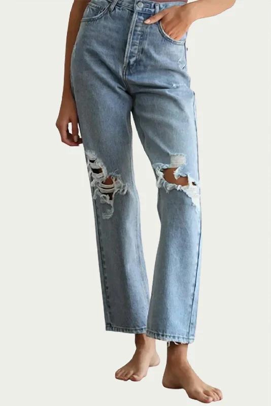 high-waisted pants for women Distressed Straight-Leg Jeans In Blue