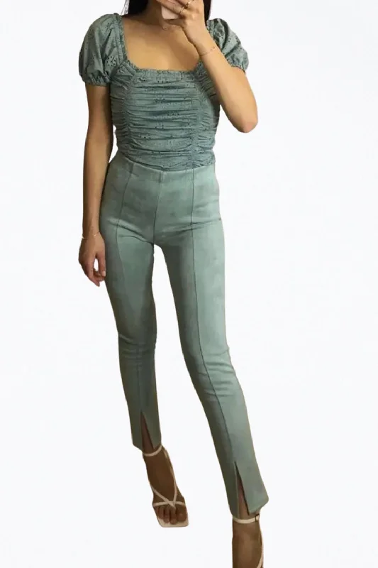 loose-fit travel pants High-Rise Vegan Suede Split-Hem Pants In Mint Green