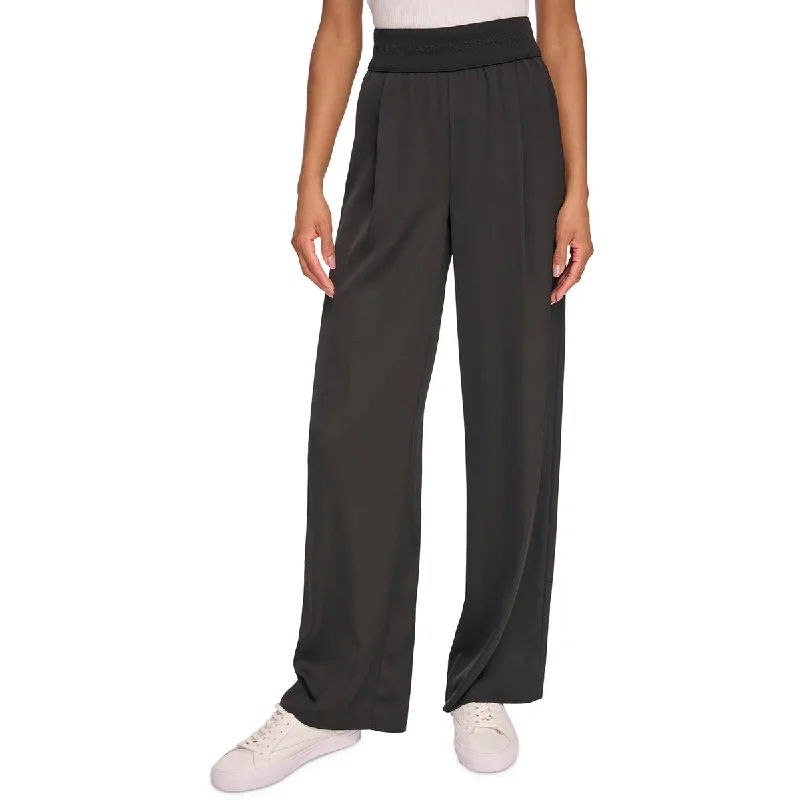 elegant work trousers for women Karl Lagerfeld Paris Womens Logo Pleated Wide Leg Pants