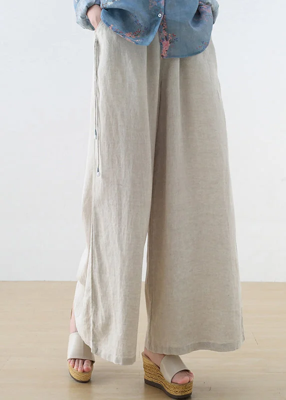 women's pants with pockets Light Grey Oversized Linen Straight Pants Trousers Tasseled Fall