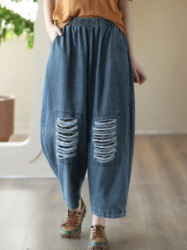 chic evening pants for women Loose Hollow Elasticity Denim Harem Pants