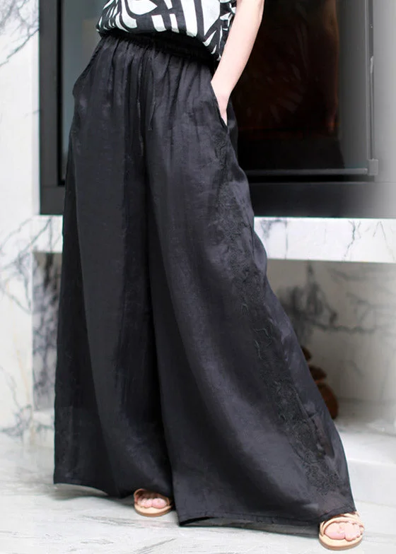 chic pants for office and casual Modern Black Pockets Embroideried Floral Elastic Waist Linen Wide Leg Pants Summer