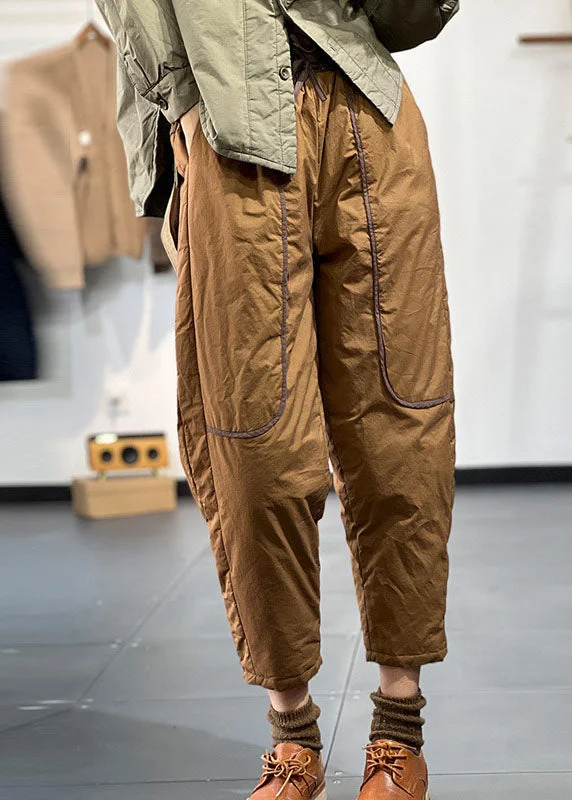 lightweight pants for all-day wear Modern Caramel Elastic Waist Pockets Patchwork Fine Cotton Filled Harem Pants Winter