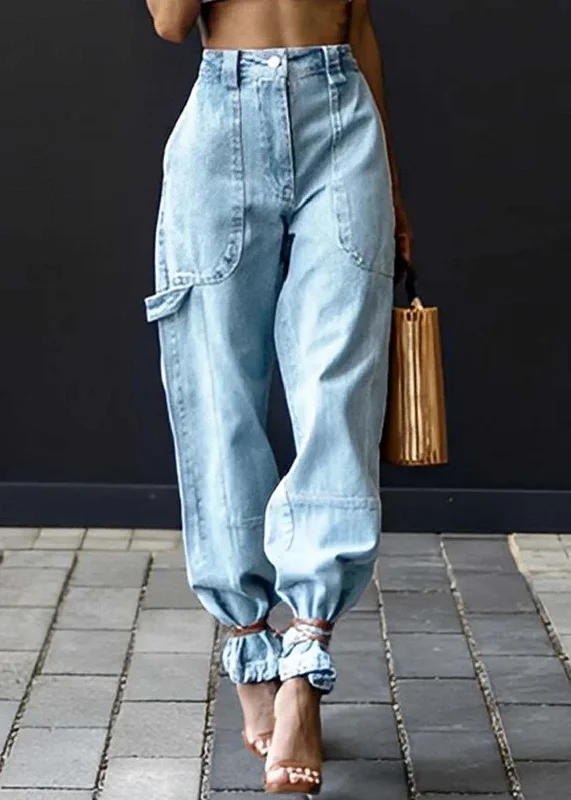 fashionable comfort pants Modern Light Blue Elastic Waist Oversized Denim Pants Summer