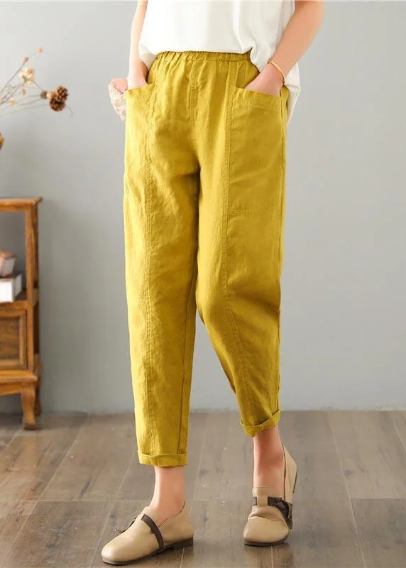 modern cropped pants for women Natural Yellow Pockets Cotton Linen  Pants Summer