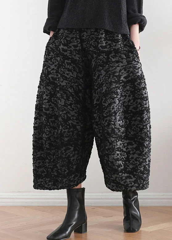 fashionable ankle pants for women Novelty Black Print Elastic Waist Crop Harem Pants