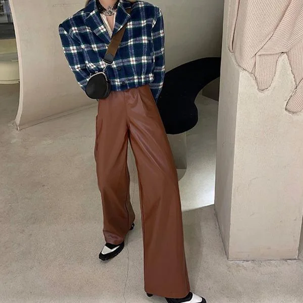 stylish checkered pants for women Pleated P U Vintage Wide Leg Pants Fashion New  Elegant Minority Full Length Pans