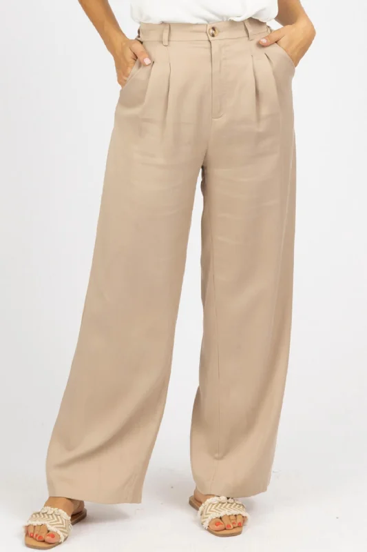 soft travel pants for women Pleated Woven Pants In Khaki