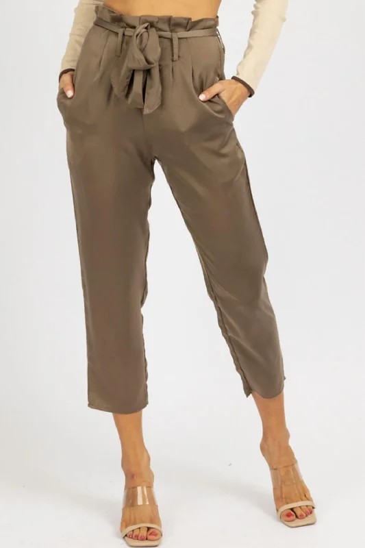 stylish cotton wide-leg pants Satin Front Pleat Tie Pant In Olive