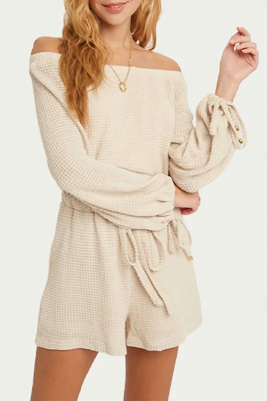 women's pants for curvy women Waffle-Knit Off-The Shoulder Romper In Oatmeal